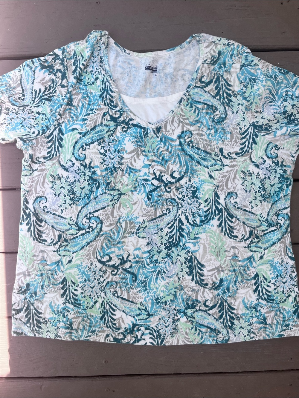 Basic Editions Paisley Rhinestone Tee Top 2X Blue Aqua Boho Plus Size